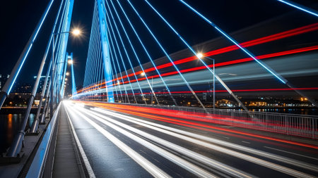 Dynamic night scene of a modern cable-stayed bridge with vibrant light trailsの写真素材