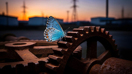 Delicate blue butterfly perched on an old rusty gear, set against a beautiful industrial sunsetの写真素材
