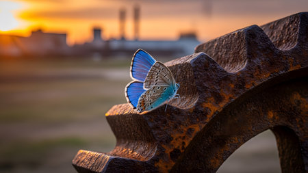 Vibrant blue butterfly rests on rustic gear as the sun sets over an industrial landscapeの写真素材