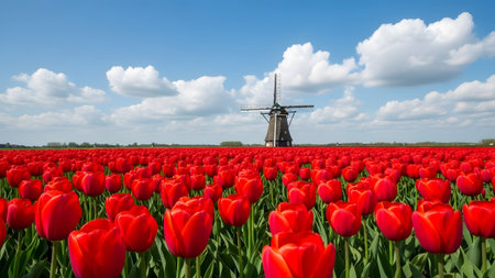 Vibrant red tulip field stretching towards a classic dutch windmill under a blue skyの写真素材