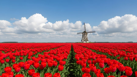 Vibrant red tulip field stretching to the horizon with a classic dutch windmill under a blue skyの写真素材