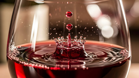 Dynamic splash in a glass of rich red wine creating an elegant visual spectacleの写真素材