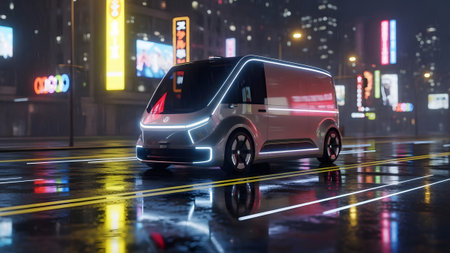 Sleek autonomous delivery van driving through a vibrant, neon-lit city at nightの写真素材