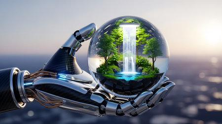 Robotic hand cradling a crystal sphere with a vibrant miniature ecosystem insideの写真素材