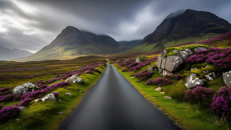 A winding road through a majestic purple heather landscape under dramatic skiesの写真素材
