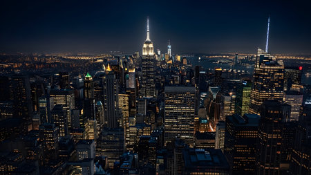 Magnificent new york city skyline illuminated at night with iconic empire state buildingの写真素材