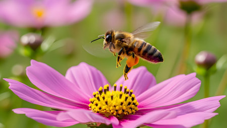 A honey bee gracefully approaching a vibrant pink cosmos flower for pollinationの写真素材