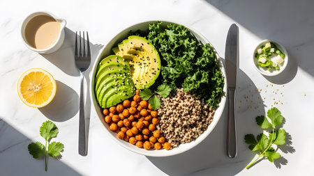 Vibrant and healthy plant-based buddha bowl with kale, avocado, chickpeas, and quinoaの写真素材
