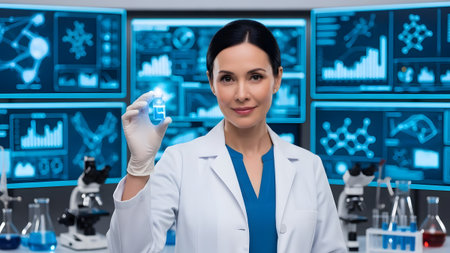 Female scientist holding a glowing sample in a high-tech laboratory with data screensの写真素材