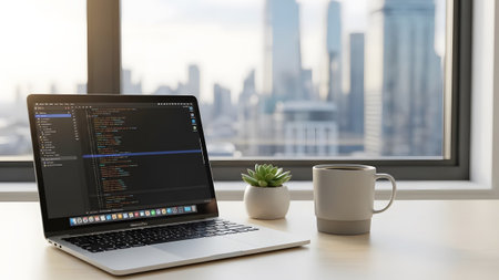 Modern workspace with a laptop displaying code, a coffee mug, and a city skyline view