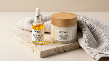 Organic natural skincare set featuring a hydrating serum and nourishing cream for daily routineの写真素材