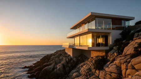 Luxurious modern cliffside home bathed in the golden light of a stunning ocean sunsetの写真素材