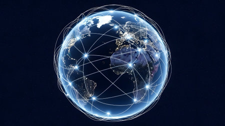 Global network connectivity illustration showcasing digital communication and technology across the...