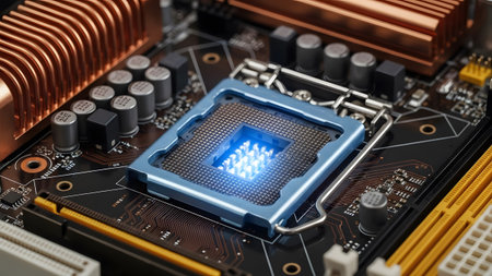 Central processing unit glowing with blue light on a modern computer motherboard