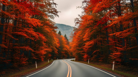 A scenic winding road framed by magnificent fiery autumn foliage under a soft sky