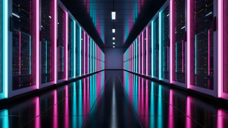 A futuristic server room hallway illuminated with vibrant pink and blue neon lights reflecting on...