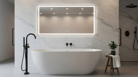 Contemporary bathroom sanctuary featuring a sleek freestanding bathtub and smart led mirror
