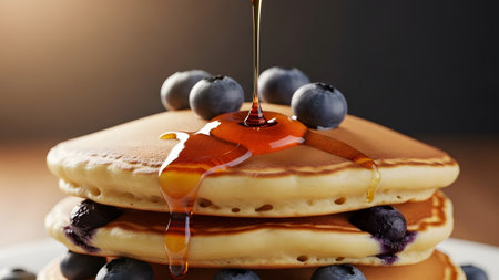 A stack of fluffy blueberry pancakes drenched in rich maple syrup for a perfect breakfast