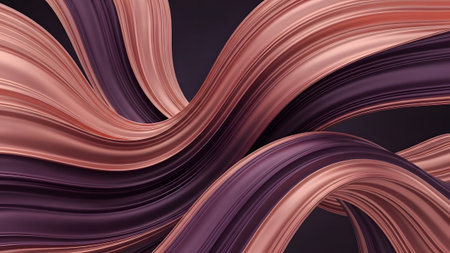 Dynamic intertwining waves of metallic rose gold and deep purple ribbons creating an elegant...