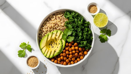 A vibrant and nutritious vegan power bowl featuring quinoa, kale, avocado, and roasted chickpeasの写真素材