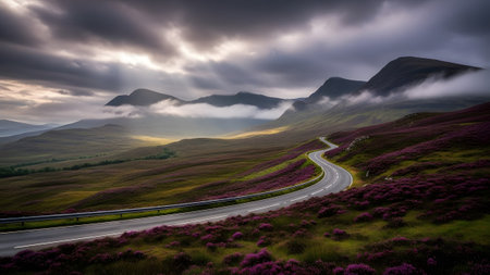 Winding road through blooming heather fields as sunrays pierce dramatic clouds over mist-shrouded mountainsの写真素材