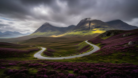 A winding road through a majestic landscape of purple heather and dramatic mountains under cloudy skiesの写真素材