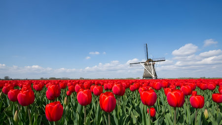 Vibrant red tulips field with a traditional dutch windmill under a clear blue skyの写真素材