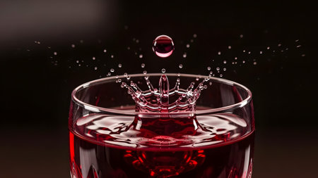 A single drop of red liquid creates a dramatic splash and crown in a clear glassの写真素材