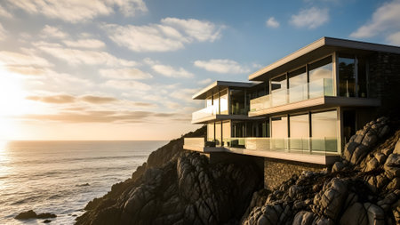 An exquisite modern residence perched on a rocky cliff enjoying a breathtaking ocean sunsetの写真素材