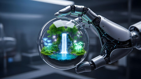 Robotic arm preserving a miniature ecosystem with glowing flora and a waterfallの写真素材