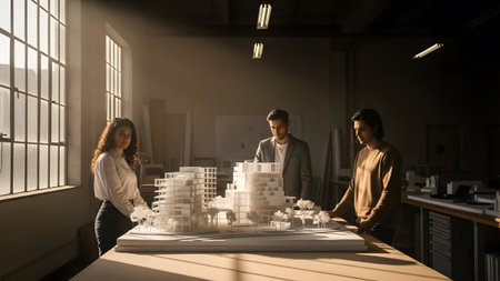 Architectural team collaborating on a sophisticated building model in a sunlit studioの写真素材