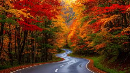 Golden autumn light illuminates a serpentine road surrounded by fiery red and orange treesの写真素材
