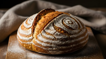 Artisan baked sourdough bread with a crispy crust and beautiful flour dusting on a wooden boardの写真素材