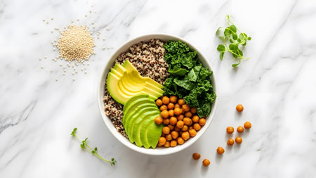 Nutrient-rich plant-based buddha bowl with fresh quinoa, avocado, kale, and chickpeasの写真素材
