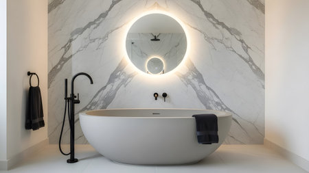 Sophisticated bathroom retreat with freestanding tub and backlit circular mirrorの写真素材