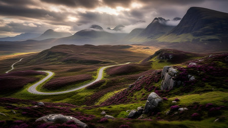 A winding road weaves through a vibrant purple heather moorland under a dramatic sky in the highlandsの写真素材
