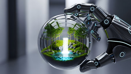 Artificial intelligence protecting nature: a robotic hand holds a glowing miniature ecosystemの写真素材