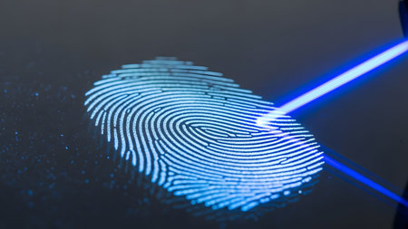 Biometric fingerprint identification illuminated by a bright blue laser beam for enhanced securityの写真素材
