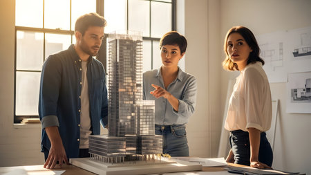 Architects collaborate on a detailed skyscraper model, discussing urban designの写真素材