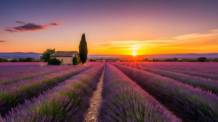 Idyllic provence landscape: a charming house nestled in a sea of blooming lavender at sunsetの写真素材