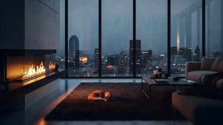 Warm comfort: a cat sleeps by the fireplace in a modern apartment overlooking a rainy city.の写真素材