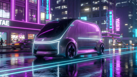 Autonomous electric vehicle on a neon-drenched wet city street at nightの写真素材