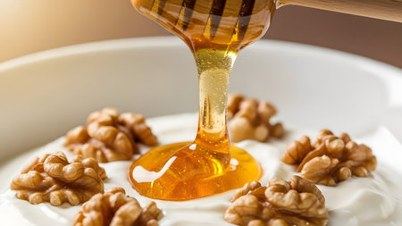Golden honey flowing onto a creamy bed with wholesome walnuts, a delightful treatの写真素材