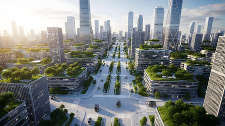 A breathtaking vision of a sustainable futuristic city with green architecture and advanced infrastructureの写真素材