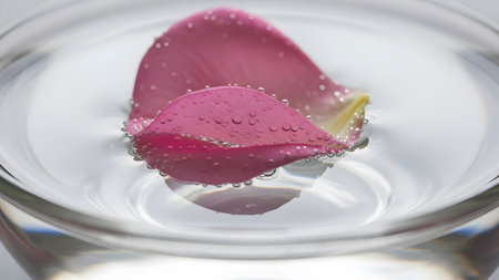 Delicate pink rose petals adorned with glistening water droplets float serenely in a clear bowlの写真素材