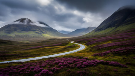 Winding road through a breathtaking scottish valley adorned with vibrant purple heather under a dramatic skyの写真素材