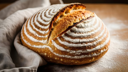 Delicious artisanal sourdough bread, freshly baked with a perfect golden crust and intricate flour patternsの写真素材