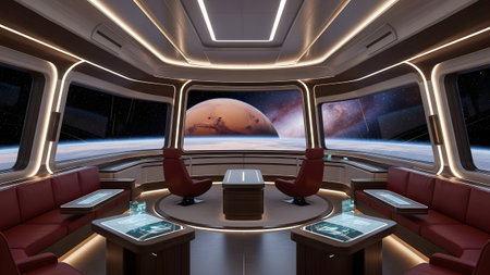 A luxurious futuristic space lounge offering panoramic views of mars and the vast cosmosの写真素材
