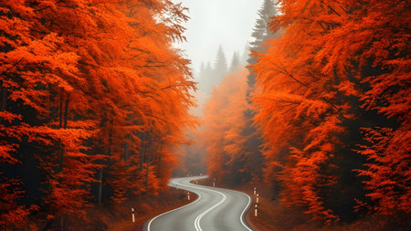 A beautiful winding autumn road passing through a vibrant forest with a misty backdropの写真素材