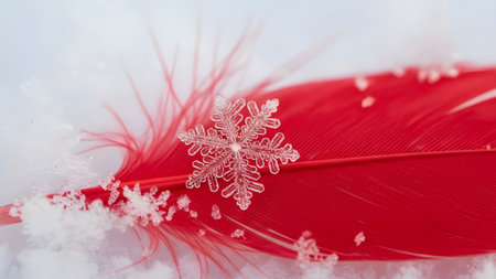 A delicate snowflake gracefully rests on a vibrant red feather amidst soft winter snowの写真素材